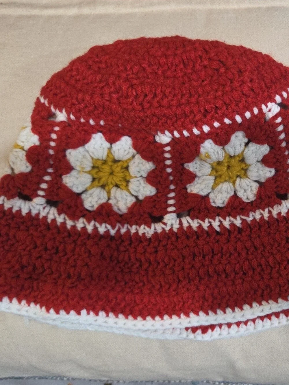 Red Crochet Bucket Hat with White & Yellow Daisy Accents